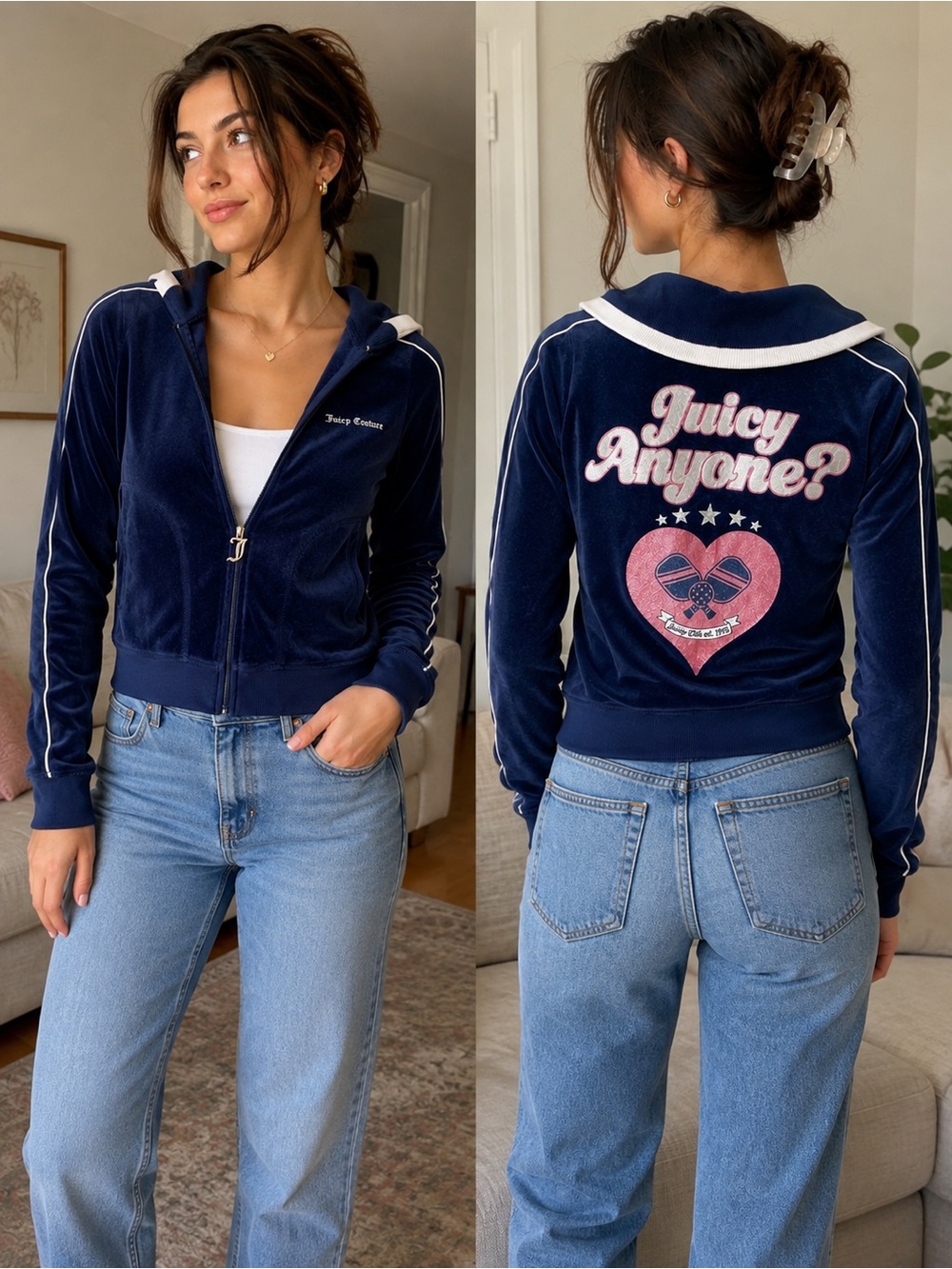 Juicy Couture Pickleball Velour Zip-Up Hoodie Jacket XS Navy Y2K Tenniscore